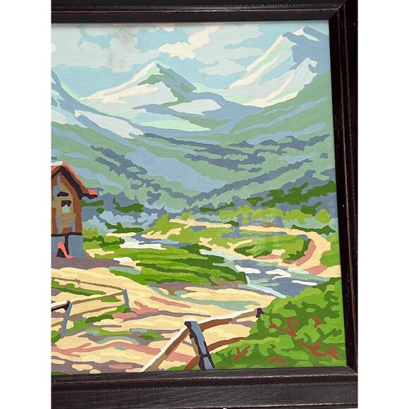 Vtg Paint By Number Cabin Lodge with Snowy Mountain View 18x14 Framed 50s PBN - Picture 3 of 7